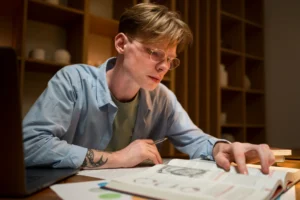 Jovem pesquisador analisando literaturas durante metanálise